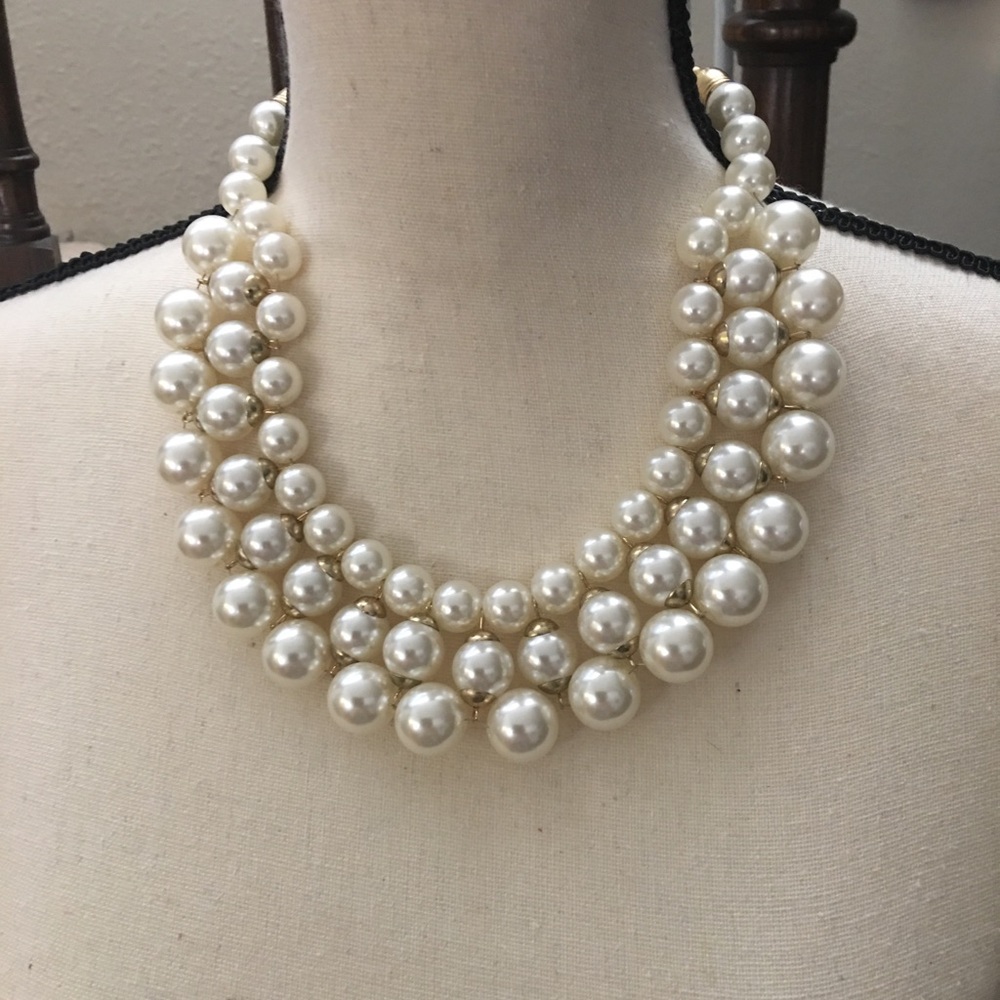 Statement faux pearl stacked necklace, 18 inches.